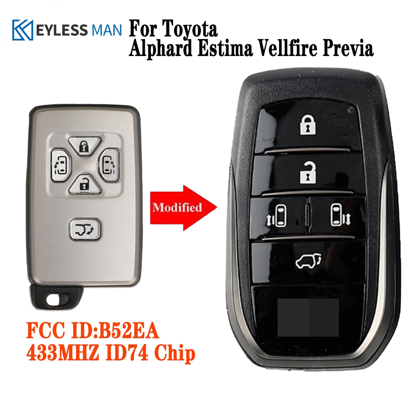 B52EA Replacement Smart Remote Car Key for Toyota Alphard Vellfire Previa Voxy Noah Upgrade to New Type Remote 433MHz ID74 Chip