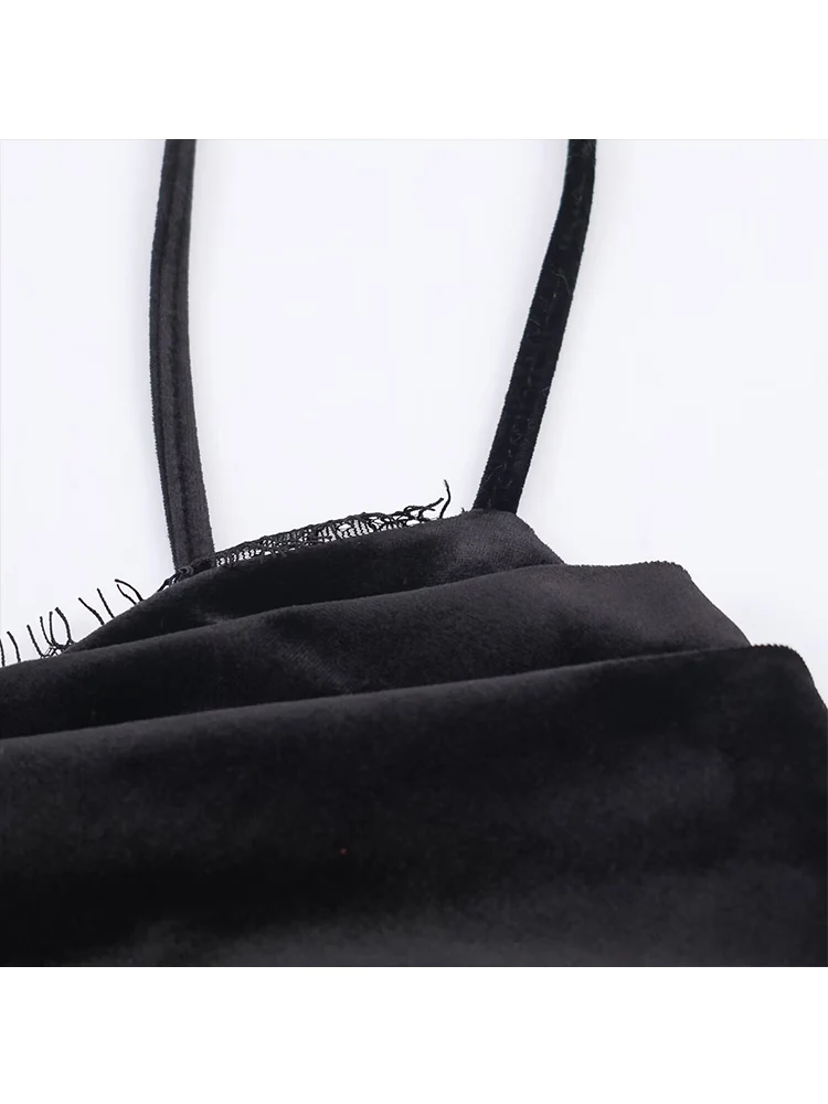 Women Lace Spliced Velvet Dress Sexy Off Shoulder Slim Sleeveless Midi Dresses New Evening Party Elegant Irregular Sling Dress