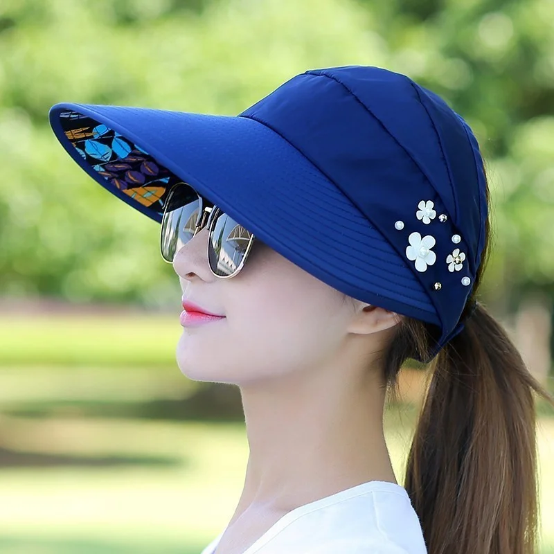 Summer Beach Hats for Women Foldable Sun Hat Pearl Flower Visor Suncreen Floppy Cap Female Outdoor Casual Baseball Cap Hat 3