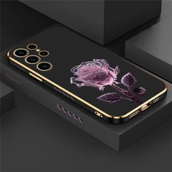 Luxury Rose Flower Silicone Shockproof Phone Case Cover for S24 Ultra 5G (Black-206)