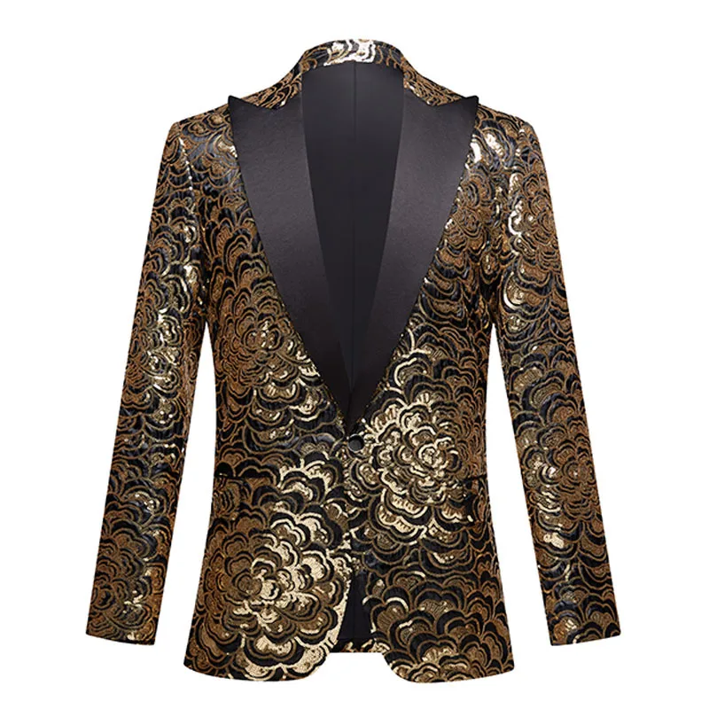 

Men Shiny Gold Rose Floral Sequin Blazer Suit Jacket Dinner Party Prom Wedding Stylish Tuxedo Blazers Men Stage Singer Clothing