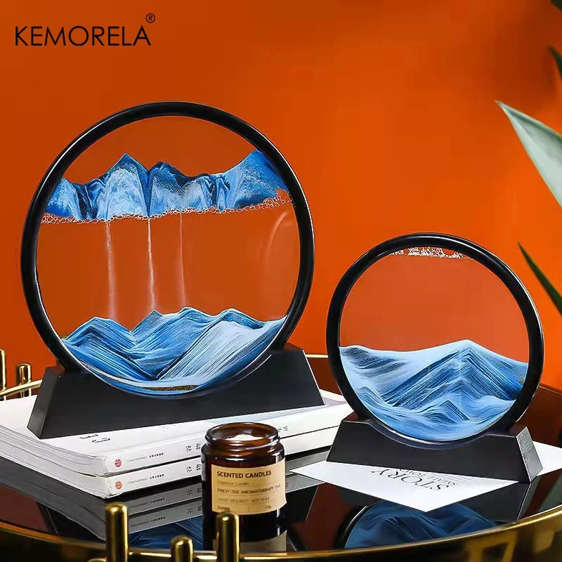 3D Moving Sand Picture 7 Inch Round Glass Ocean Sandscape Hourglass Quicksand Craft Flowing Sand Painting Office Home Decor Gift sand timer,liquid hourglass timer,colored hourglass