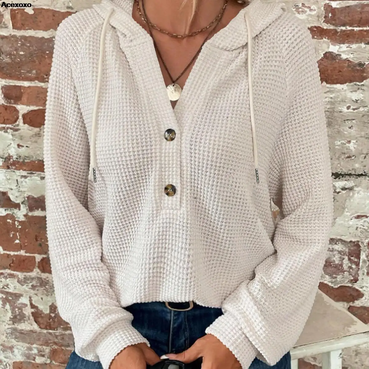 

New knit pullover button-top hoodie for women