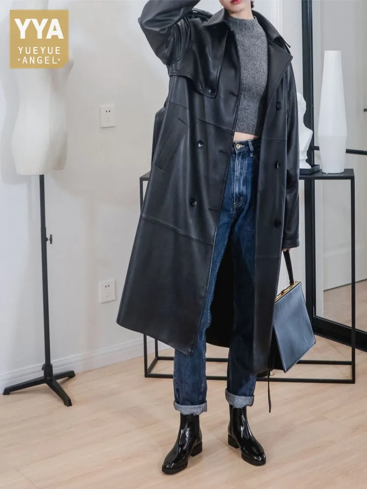 

Women Loose Fit Long Natural Leather Trench Coat Double Breasted Belted Female Military Style Sheepskin Genuine Leather Jacket