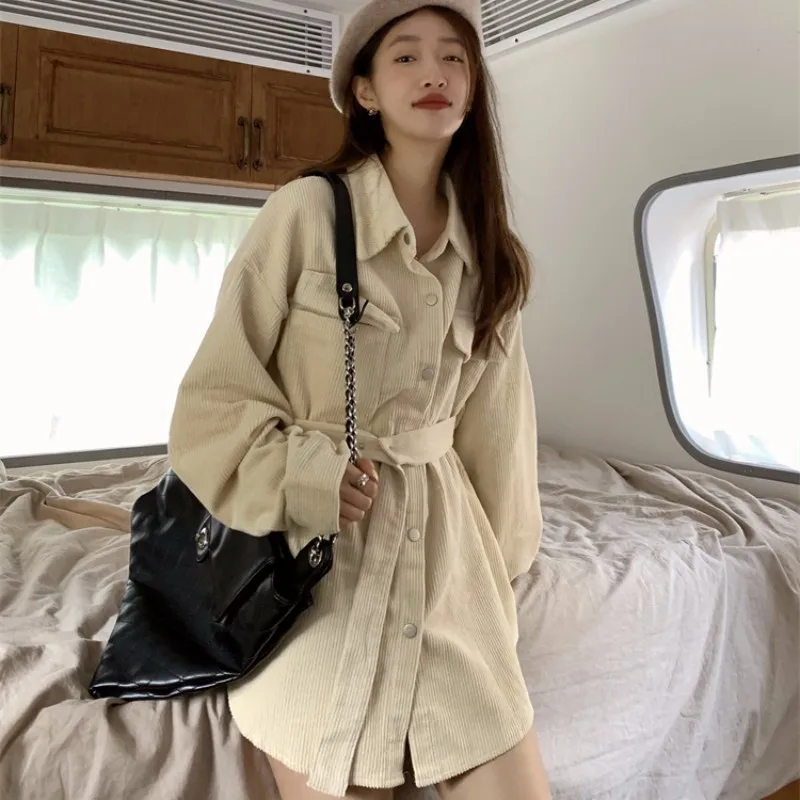 

2022 Autumn New Shirt Loose Corduroy Long Sleeve Mid Length Belt Free Shipping