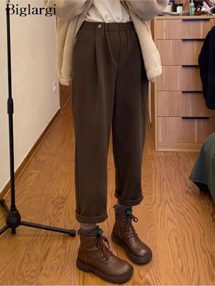 

Woolen Autumn Winter Harem Pant Women Pleated Casual Fashion Korean Loose Ladies Trousers High Waist Wide Leg Woman Pants 2023