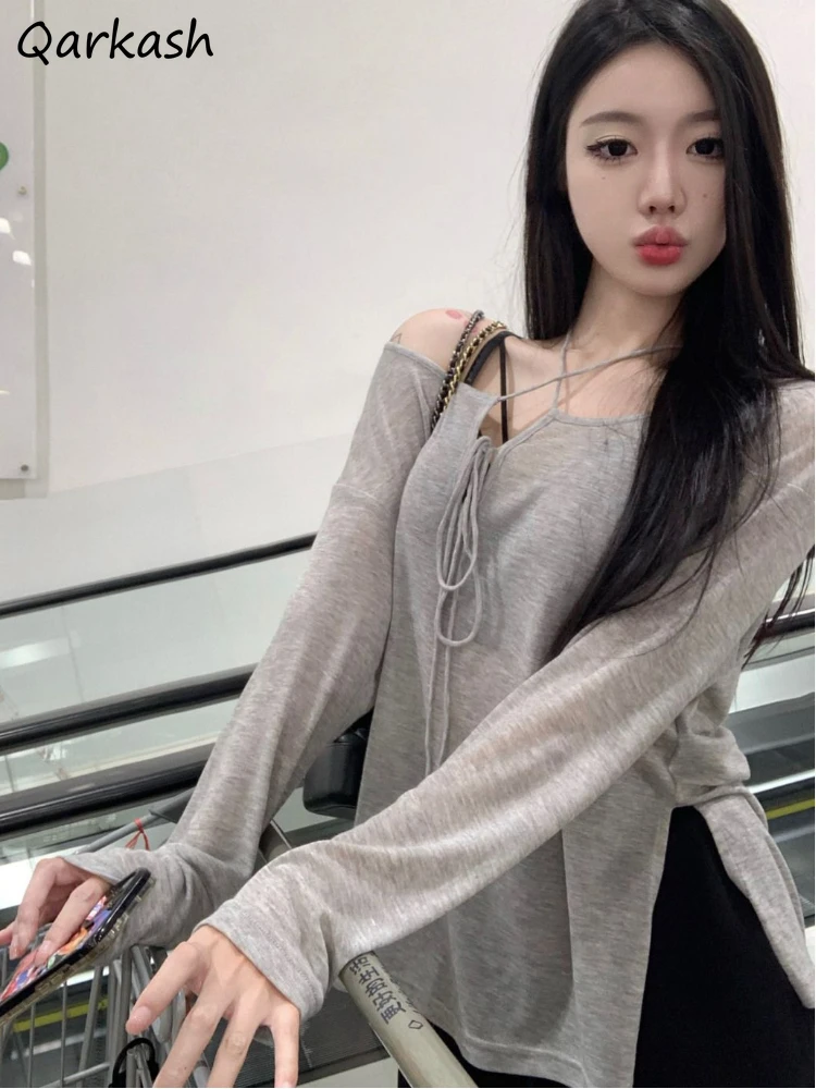 

Футболка женская солнцезащитная, свободная Тонкая Повседневная Уличная одежда с Боковым Разрезом, подходящая ко всему летняя завязка в Корейском стиле