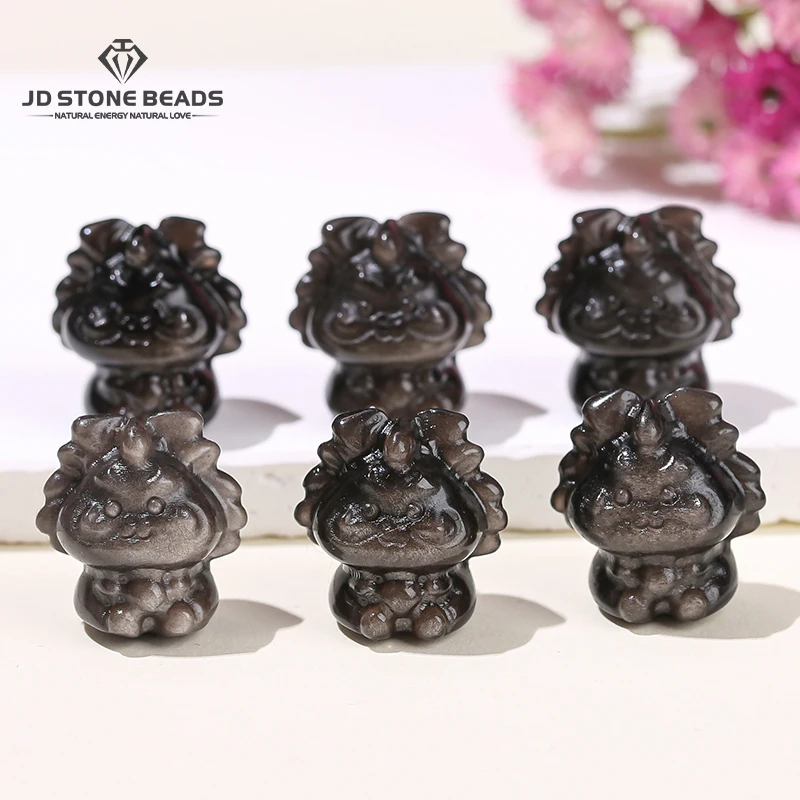 1 Pc Natural Stone Silver Obsidian Carved Cartoon Dragon Men With Hole Pendant For Jewelry Making Necklace Bracelet Accessory