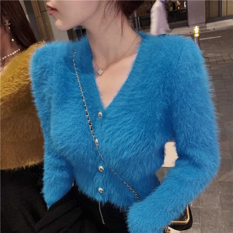 

Mink Wool Sweater Women's Jacket Autumn Winter Sweaters 2024 New Solid Color Versatile Cropped Top Cardigan V-neck Slimming Knit