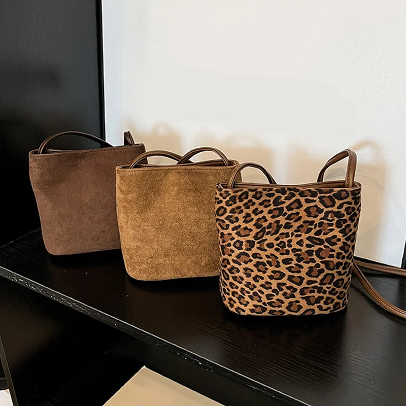 Design PU Suede Leopard Shoulder Bags for Women Winter Bucket Crossbody Bag Females ​Luxury Handbags and Purses