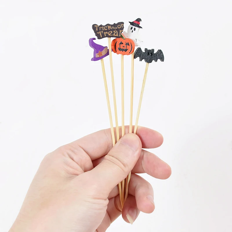 50/100Pcs Halloween Einweg Bambus Zahnstocher Kürbis Buffet Kuchen Obst Gabel Spieße Für Halloween Party Decor Cocktail Picks – Detail 14