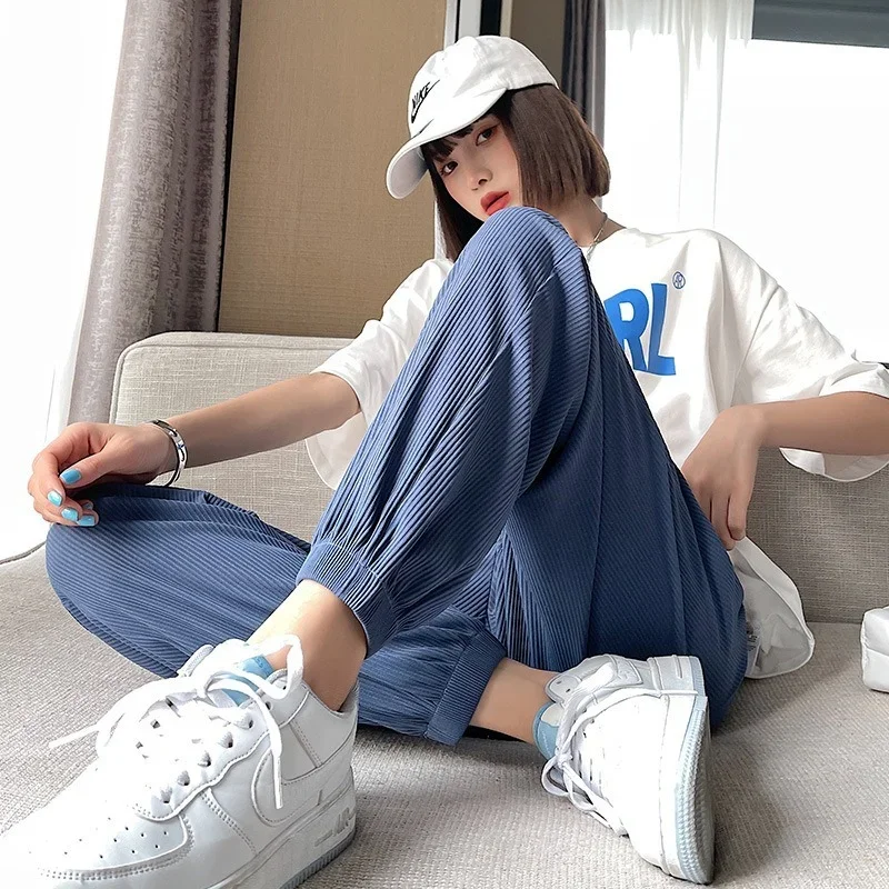 Summer Pink Ice Silk Sweatpants Women Solid Colors Loose Thin Harem Pants Blue Drawstring High Waist Trousers White Jogger Pants