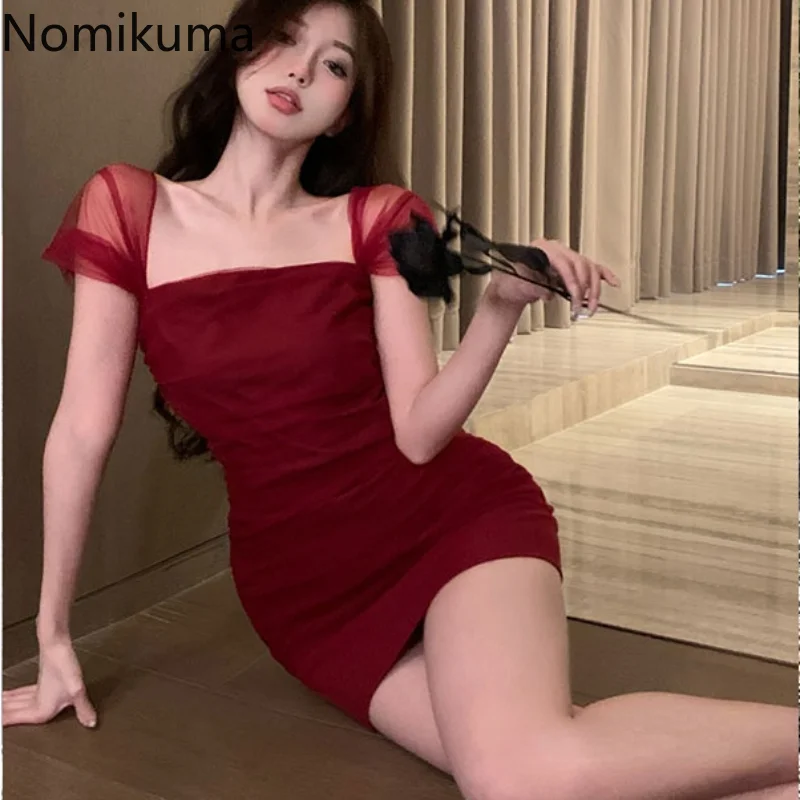 

Nomikuma Vestidos Para Mujer летние квадратные шеи марлевые Лоскутные тонкие платья для женщин 2022 ретро сексуальные элегантные короткие платья