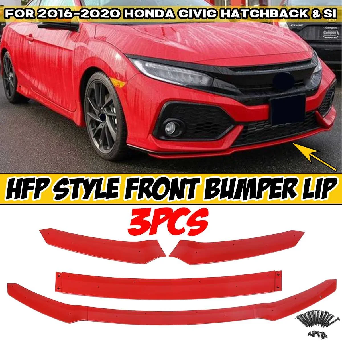 

3x Car Front Bumper Lip Body Kit Spoiler Diffuser Protection Deflector Lip For Honda For Civic Hatchback & Si 2016-2020 Body Kit