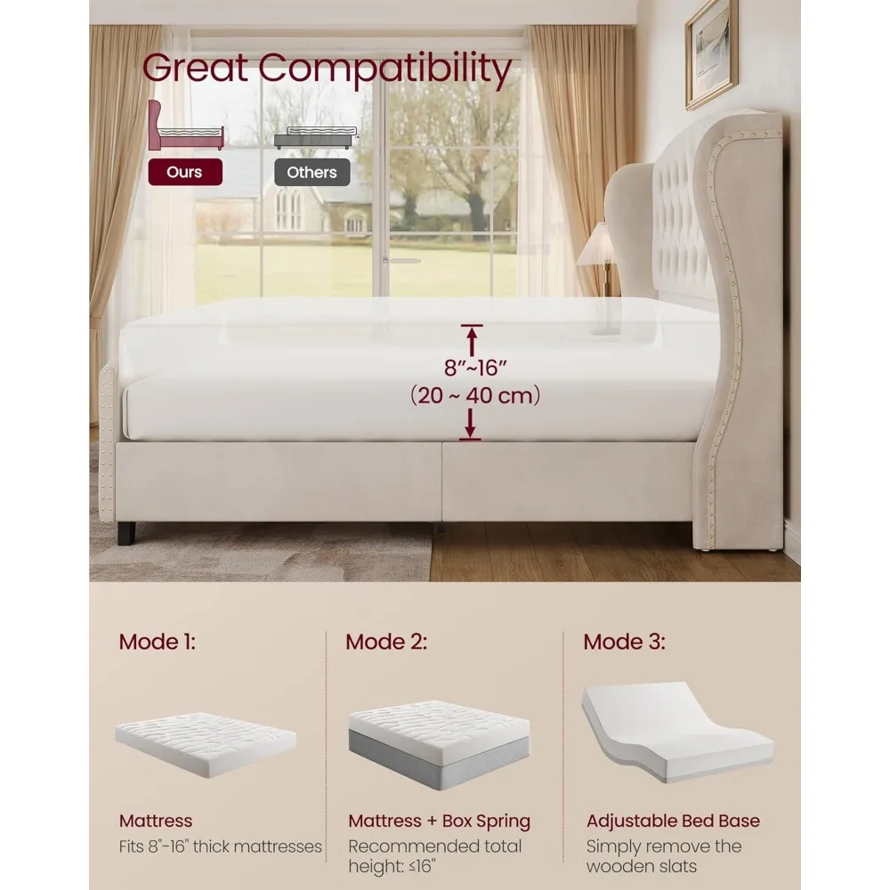 Bed Frame with Tall Headboard,Upholstered Platform Bed Frame King Size,with Wingback Tufted Headboard and Footboard,Wooden Slats 4