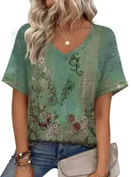 الصيف المرأة تي شيرت برقبة على شكل v بسيط شريطية ورقة طباعة قصيرة الأكمام تيز فضفاضة في الهواء الطلق سريعة الجافة اليومية ملابس كاجوال للإناث 3