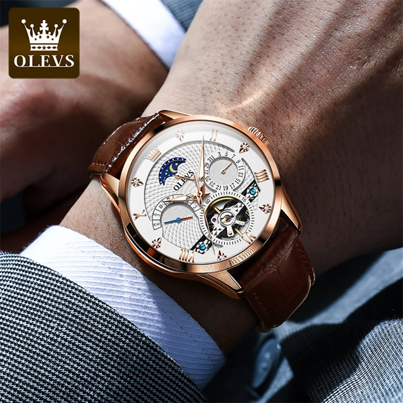 OLEVS New Luxury Tourbillon Mechanical Watch for Men Leather Strap Waterproof Luminous Classic Moon Phase Automatic Watches Mens