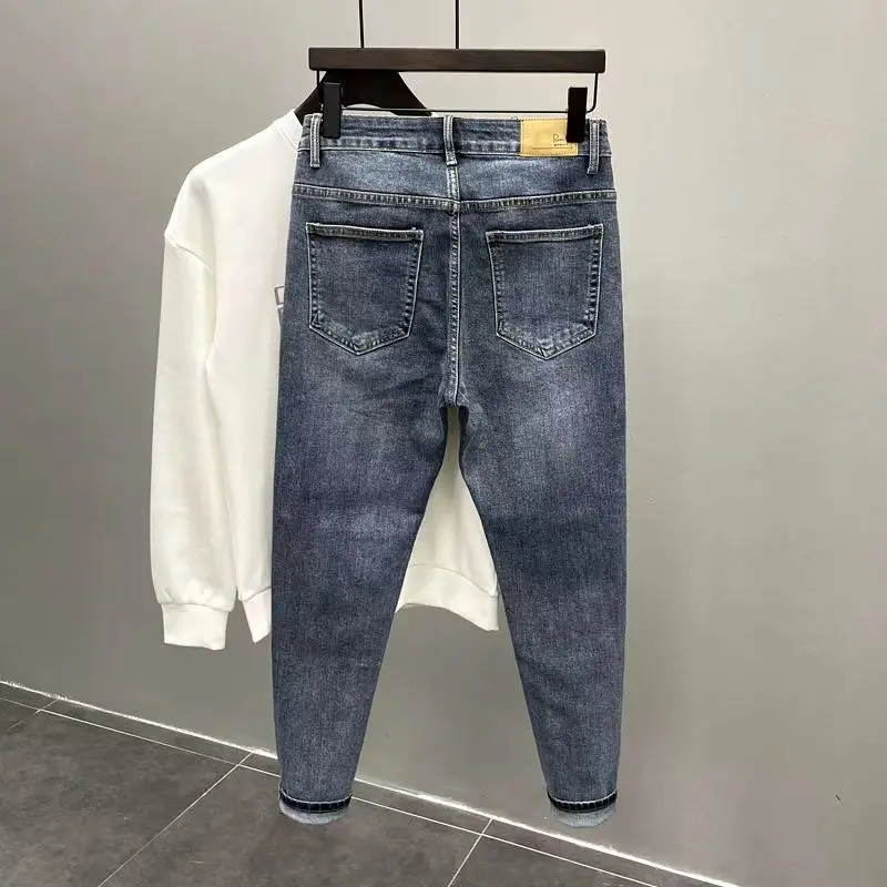 Fashion Men's Jeans Splicing Cat Whiskers Ripped Scratched Luxury Clothing Slim Fit Tapered Legs Designer Slim Jeans