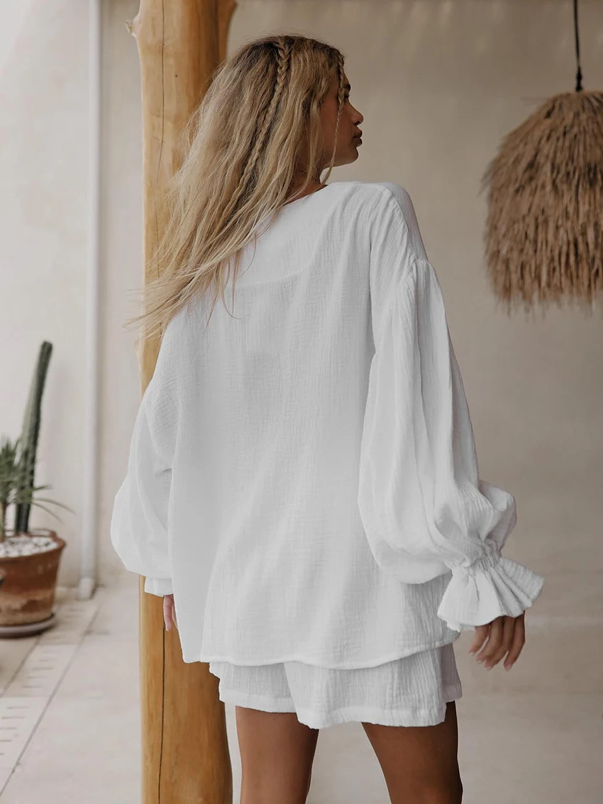 Marthaqiqi Cotton Women Pajamas Suit Sexy V-Neck Sleepwear Long Sleeve Nightie Shorts Casual White Ladies Nightwear 2 Piece Set