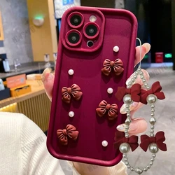 Elegant 3D Bowknot Pearl Silicone Phone Case with Chain for Honor 50Lite (Wine Red)