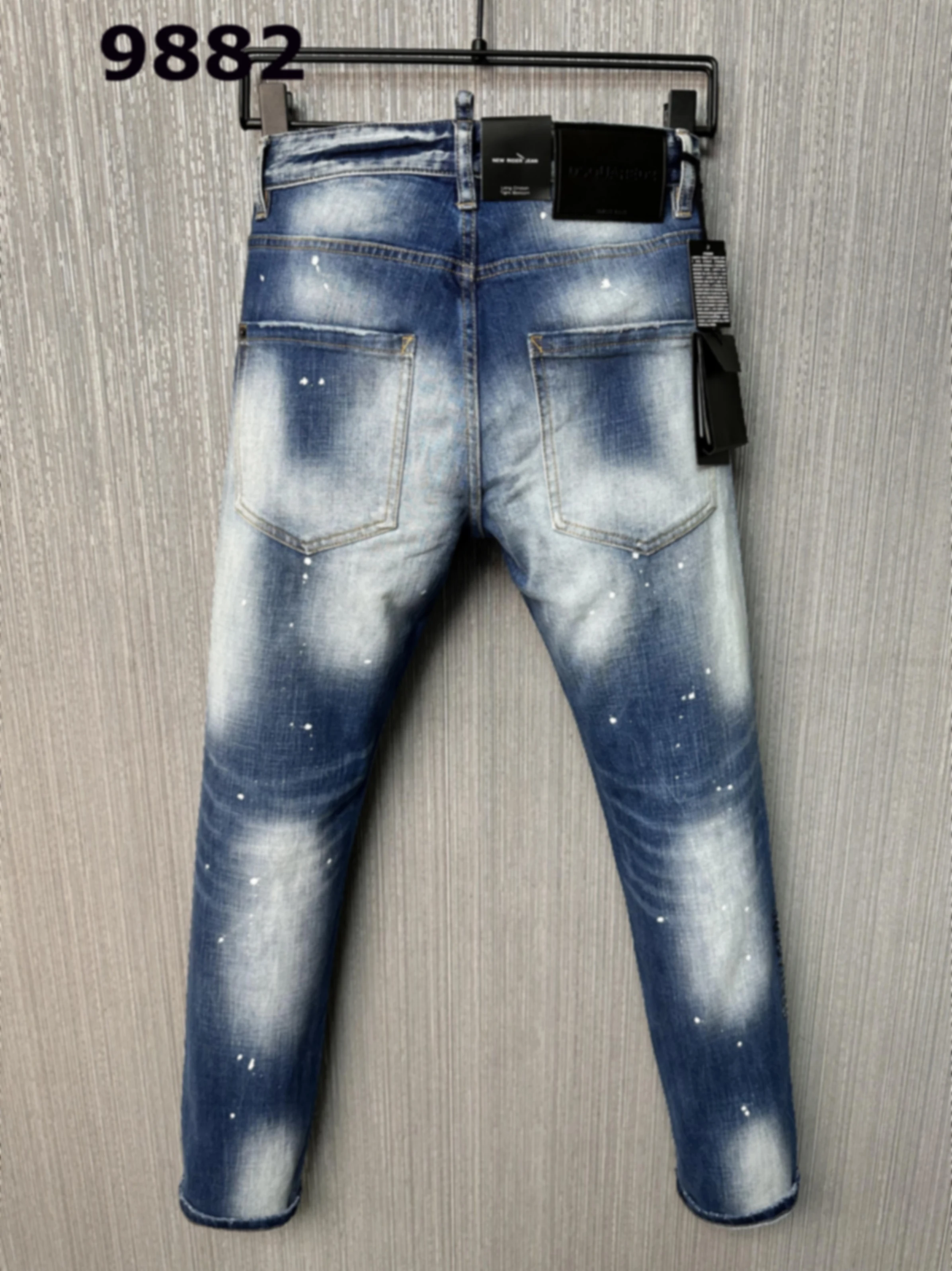 2024 Spring/Summer New D2 Jeans Trendy Men's Washed and Worn Hole Patches Painted Slim Fit Small Feet Elastic Denim Pants Men's