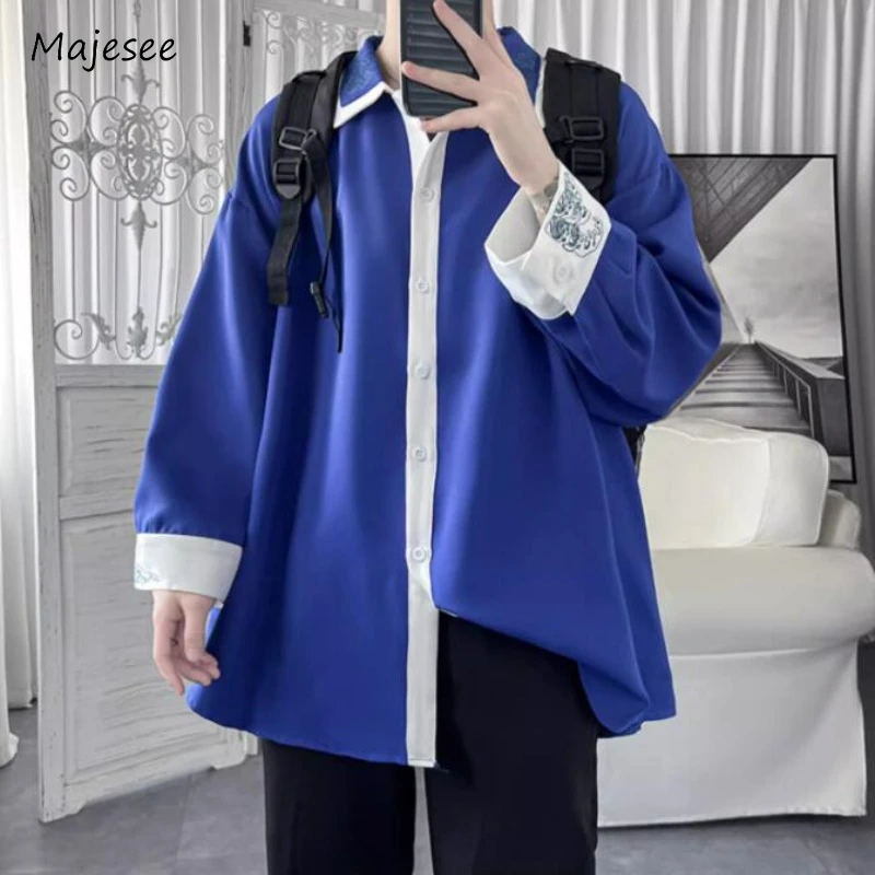 

Рубашка мужская с вышивкой, мягкая свободная хипстерская рубашка контрастных цветов, с длинным рукавом, в китайском стиле, весна-осень