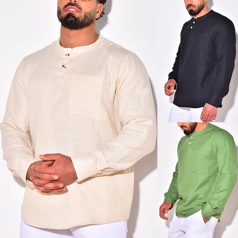 

Summer 2023 new cotton and linen long-sleeved T Jiao European and American men's casual shirt men's trend