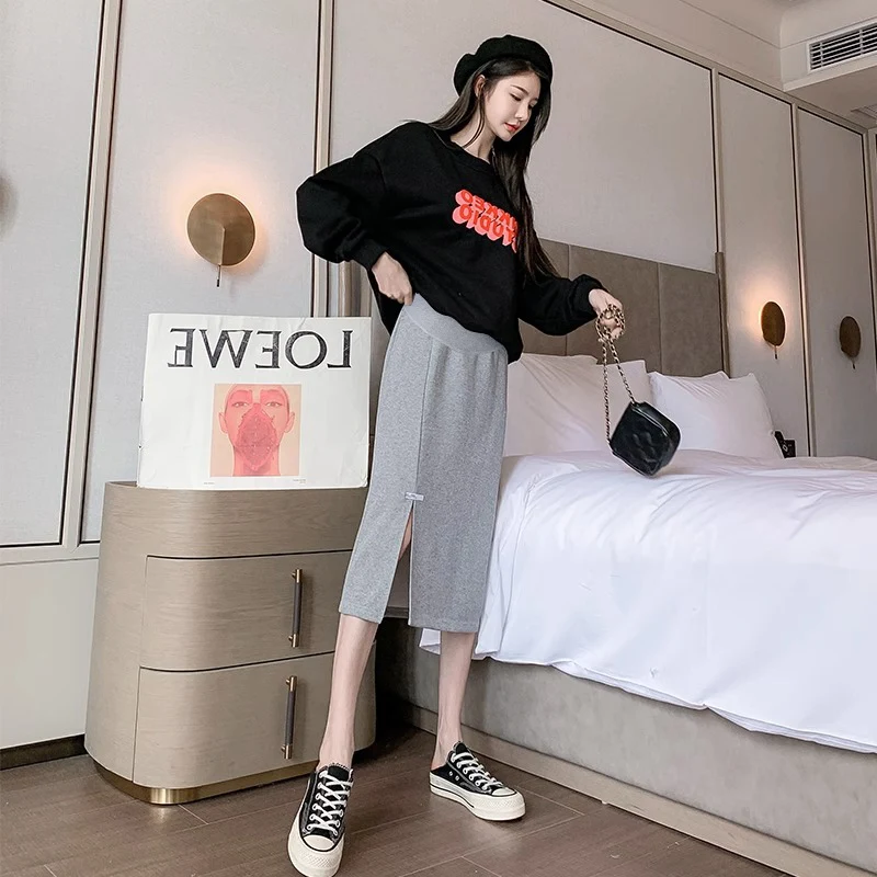 Pregnant Women Skirt Spring and Autumn Casual Pure Cotton Front Split One Step Straight Pencil Slim