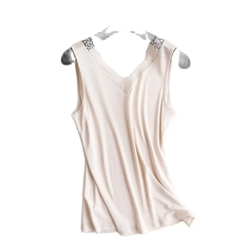 

Woman Spring Lace Silk Tanks Female Summer Thin Silk Tops Lady Breathable Hedging Silk Tees Women Solid V-neck Silk Shirts