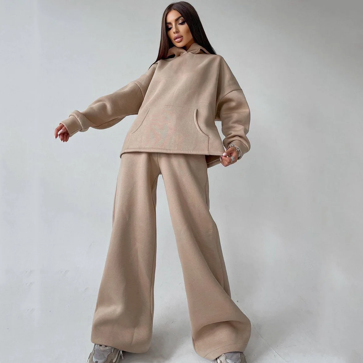 

Popular New Arrivals Autumn Winter New Solid Color Women's Hooded Pocket Sweatshirt Suit Two-Piece Casual Fashion Exquisite Min