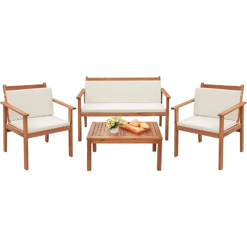 

Greesum 4 Piece Bistro Patio Furniture Outdoor Chat Chair Set with Water Resistant Cushions and Coffee Table, Acacia Wood