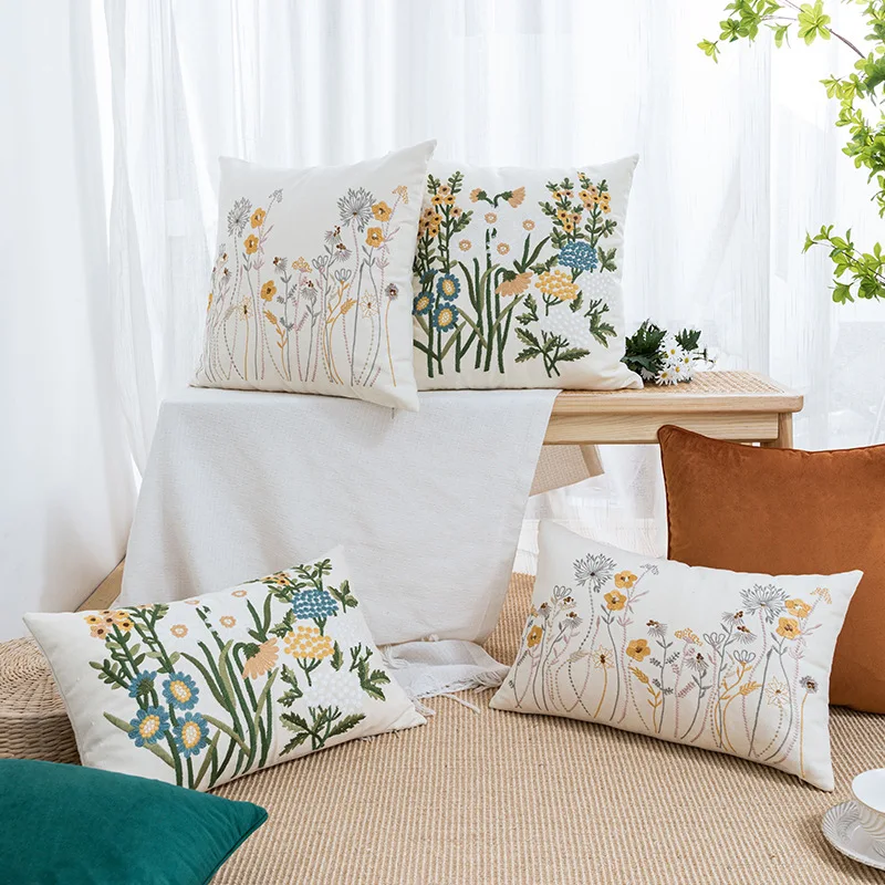 

Modern Pastoral Style Cushion Cover Canvas Embroidered Small Flowers Decorative Pillows Homestay Model Room Bedhead Pillowcase