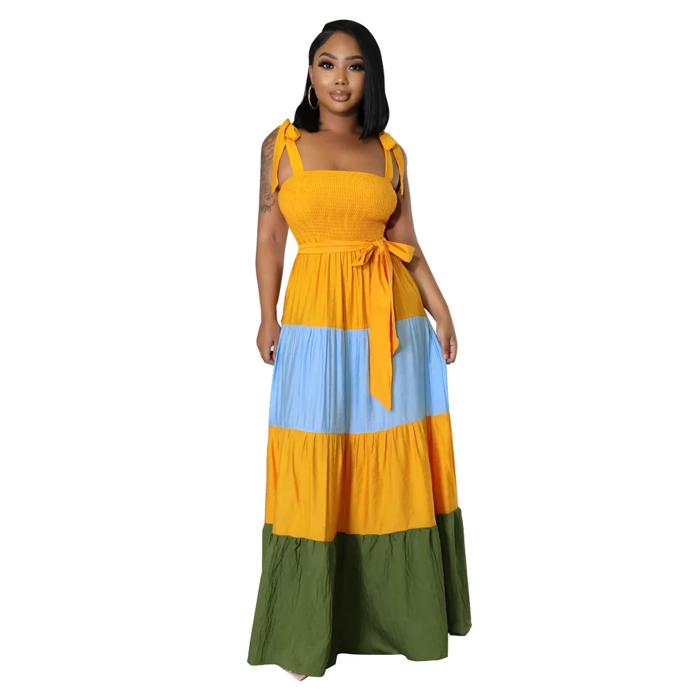 

African Maxi Dress Women Lace Up Spaghetti Strap Robes Summer New Fashion Ruffle Patchwork Sexy Elegant Long African Dress 2023