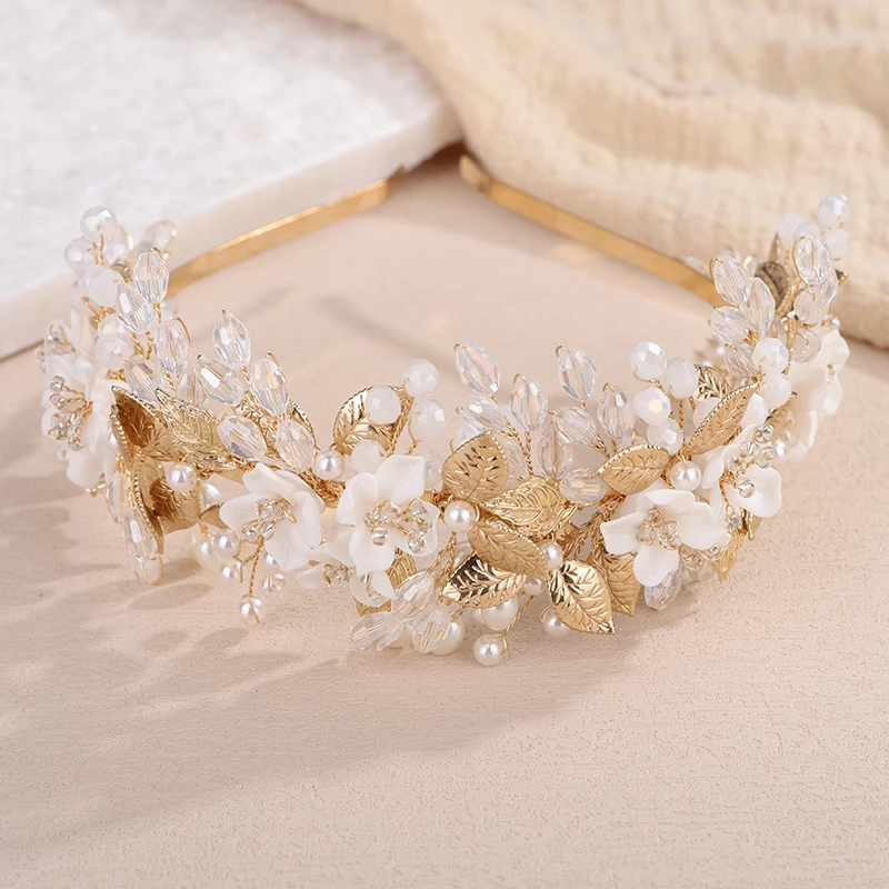 Bridal Hair Accessories Flower Leaf Diamonds Bridal Crown Pearl Crystal Wedding Headband for Women