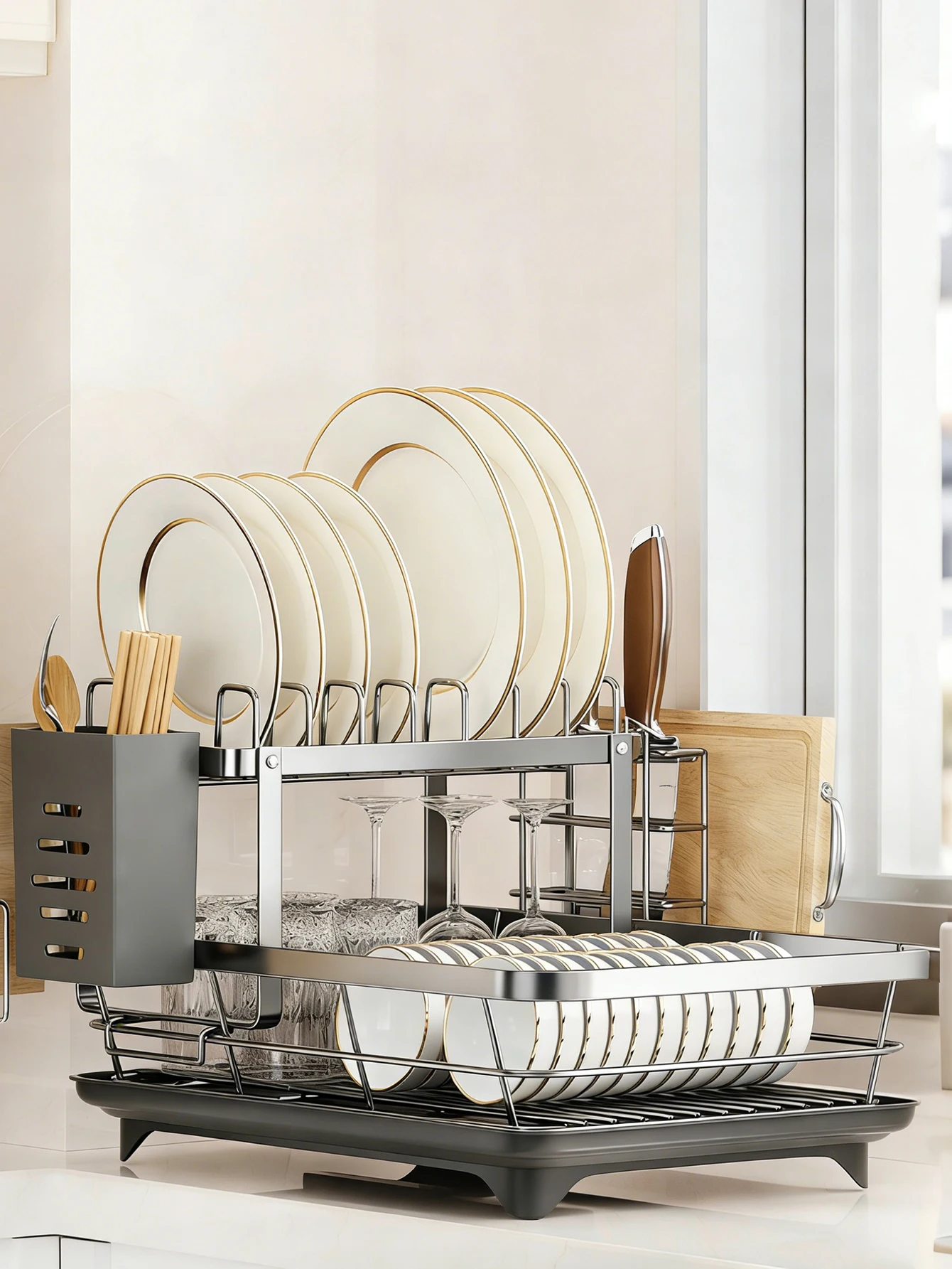 Dish rack, 2-layer tableware rack, rust-proof kitchen dish drying rack, drainage board and tableware rack for kitchen countertop, kitchen accessories