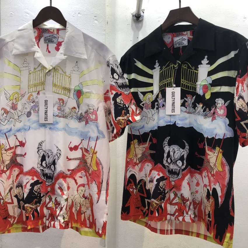 2023 New WACKO MARIA Men Women Lapel Print Casual Loose Hawaiian Short Sleeve Black White Shirt