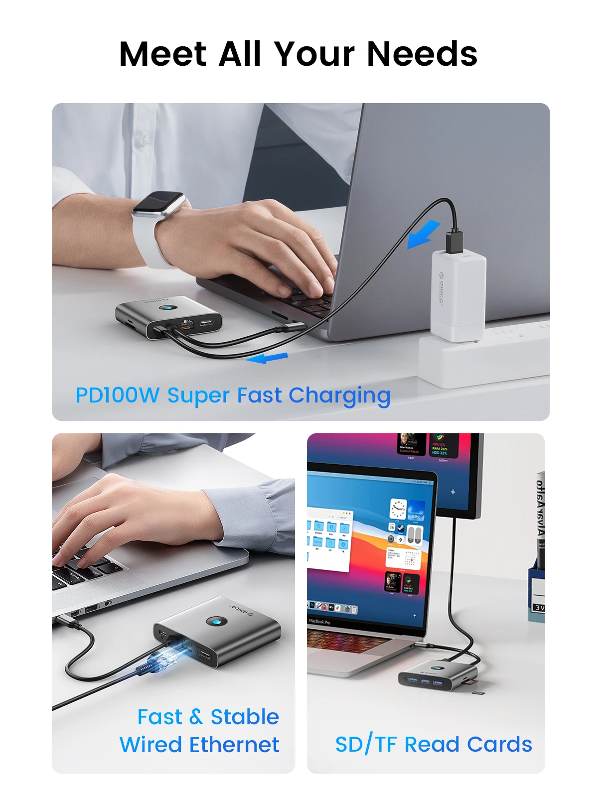 Adaptador Hub Orico-usb 3.0 tipo c para 4k60hz Estação de Ancoragem Compatível com Hdmi Rj45 pd Divisor para Macbook Ipad Acessórios para Laptop - Imagem 6