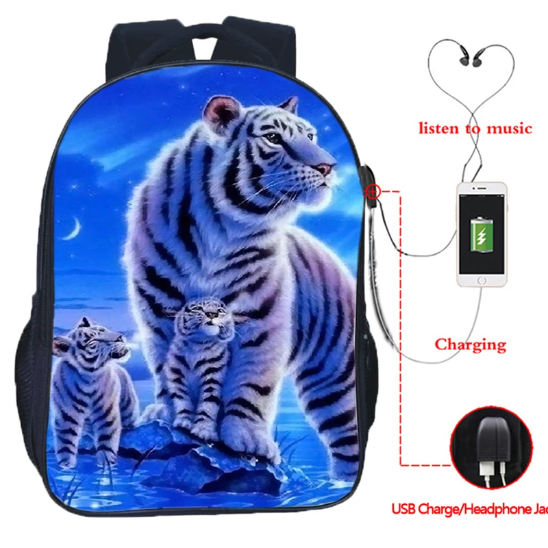 

Tiger Usb Charging Backpack Animal Lion Wolf School Bags for Teenagers Boys Girls Mens Backpacks USB Laptop Travel Bags Bookbag