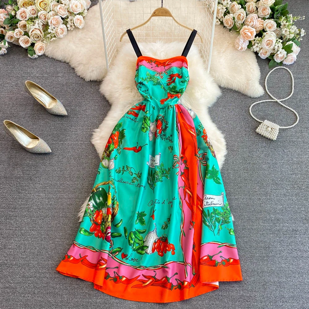 

2023 Summer Vegetable Fruit Floral Midi Dress Women Print Empire Spaghetti Strap Dress Sexy Ruched Zipper Long Sling Vestidos