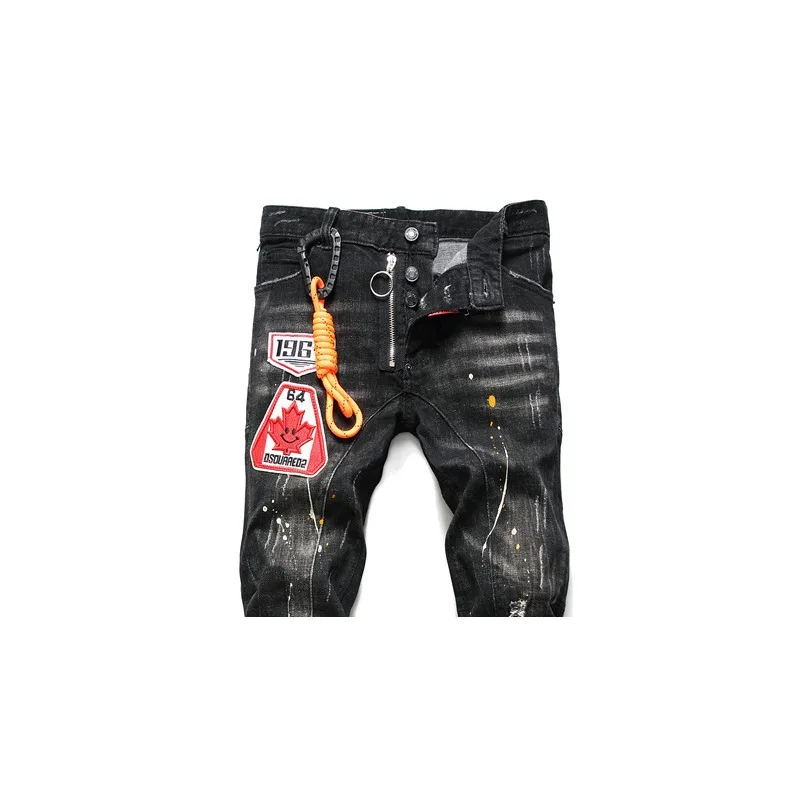 Four Seasons Can Wear New Tattered Paint Feet Pants Men's Slim Patch Stretch Jeans Black Tight Beggar Pants 4