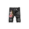 Four Seasons Can Wear New Tattered Paint Feet Pants Men's Slim Patch Stretch Jeans Black Tight Beggar Pants 4