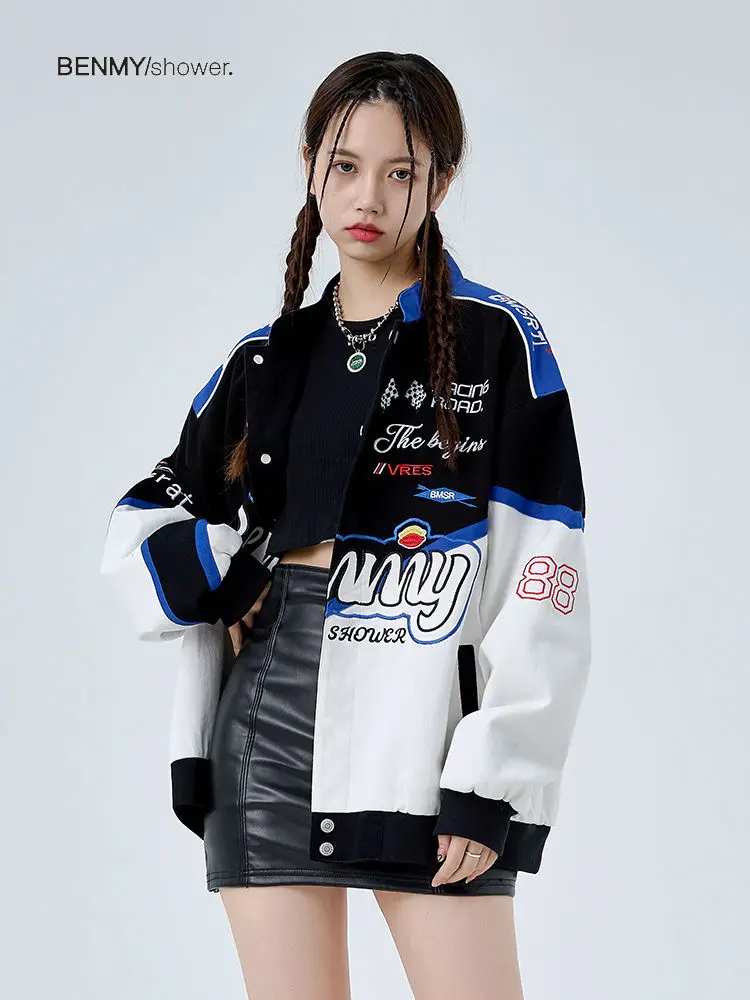 

American style motorcycle baseball jacket women loose couples style racing jackets korean fashion streetwear Harajuku clothes