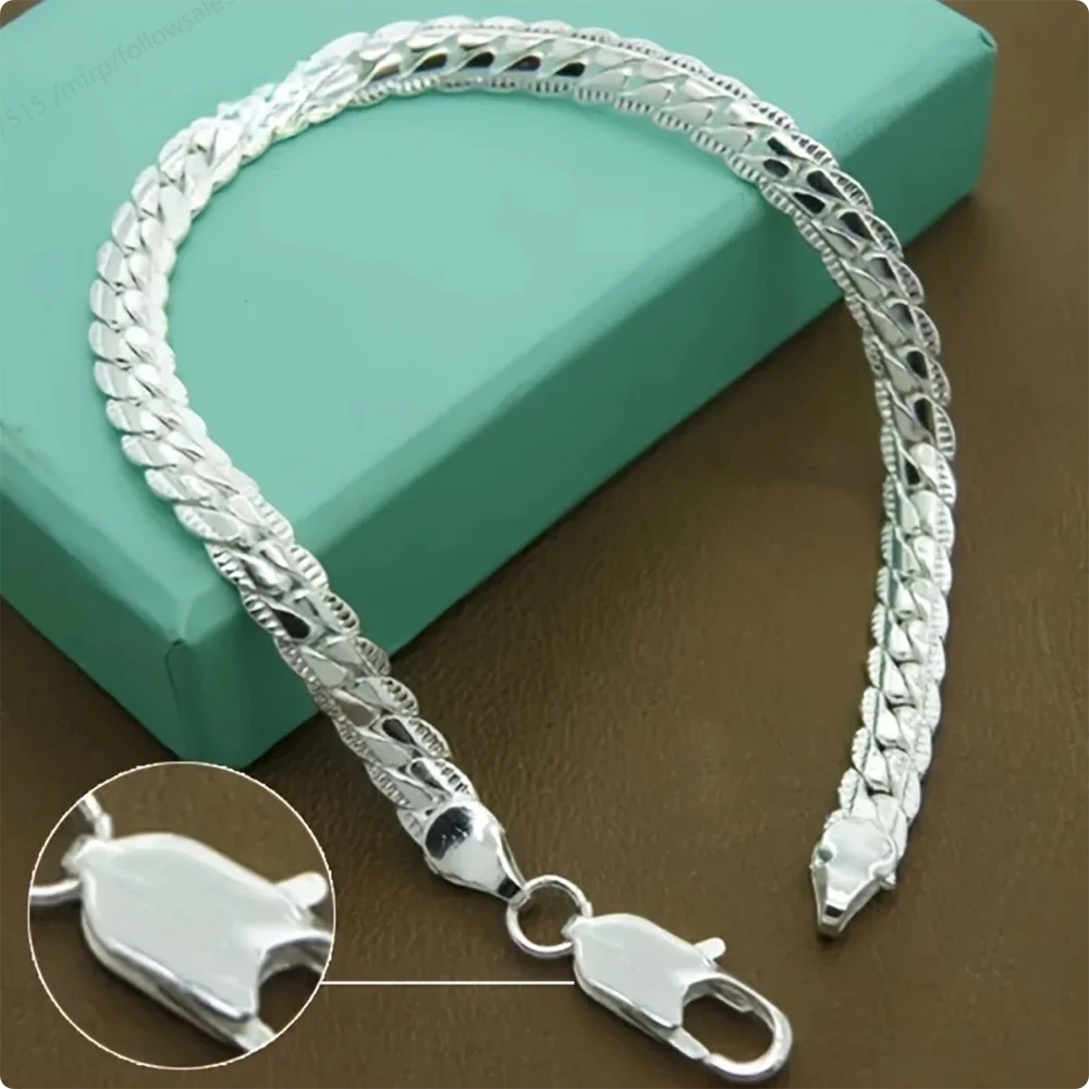 Elegant 925 Silver Flat Side Chain Bracelet with Lobster Clasp