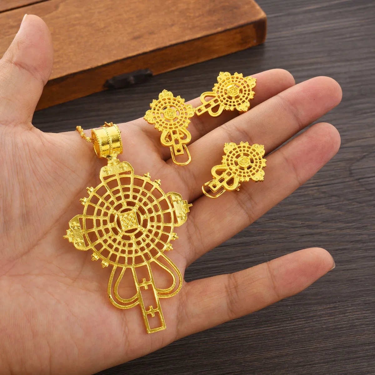 Ethiopian Golden Color Cross Jewelry Sets Pendant Earrings Rings African