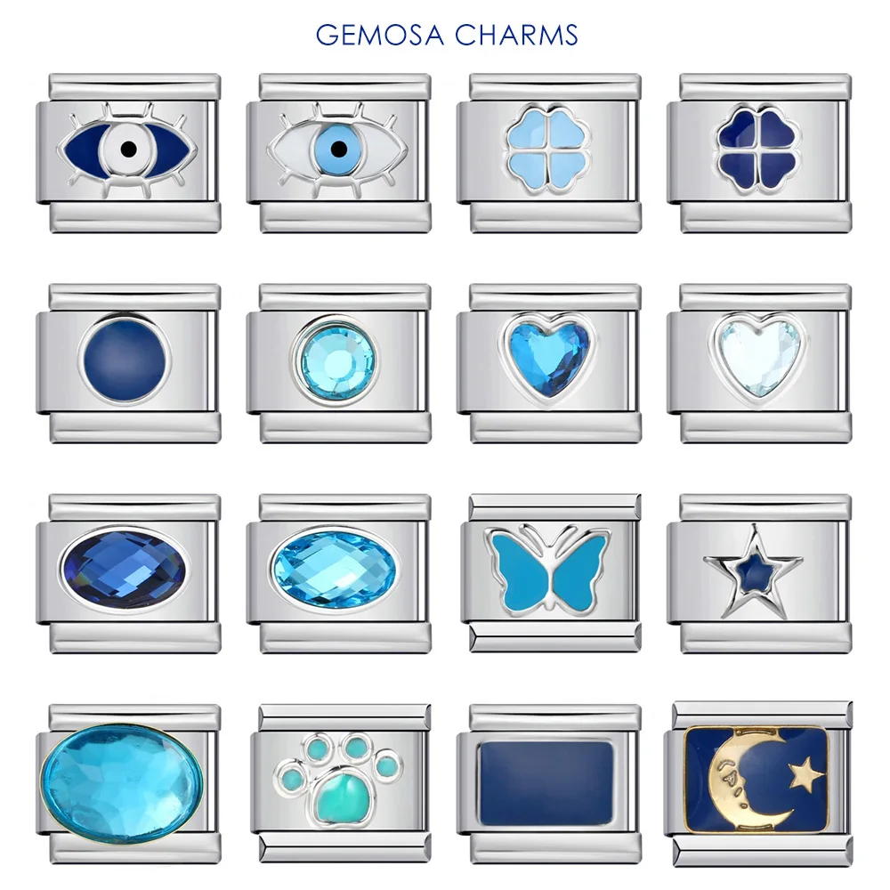 GEMOSA Einfaches blaues Herz, rund, Ellipse, Schmetterling, Stern, italienischer Charm-Link, passend für 9 mm Edelstahl-Armbänder, DIY-Herstellung von Perlen