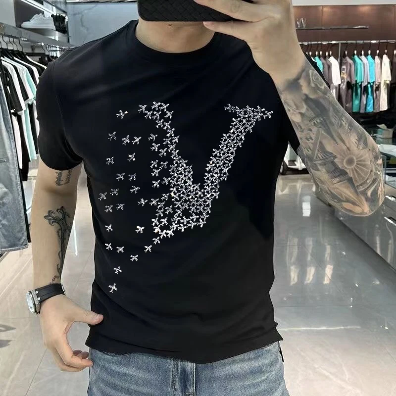 New Men Luxury Diamond Fashion Rhinestones Fashion T-Shirt High