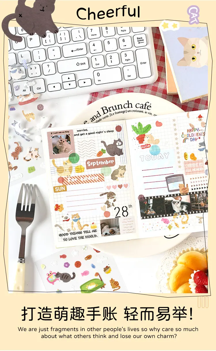 8-teiliges Kawaii Cat Paradise Journaling Aufkleber-Set für Geschenkverpackung, Scrapbooking, Album, Planer, Journal, Kunst, DIY-Handwerk – Detail 5