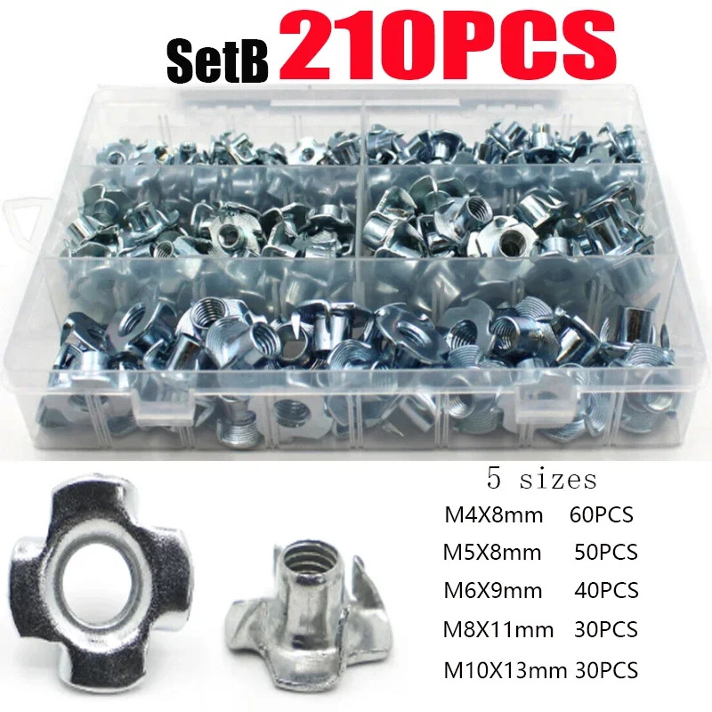 100/210Pcs Galvanized Four-Claw Nuts, Carbon Steel Four-Point Impact Nuts, Suitable For Wooden Furniture Maintenance M4-M10