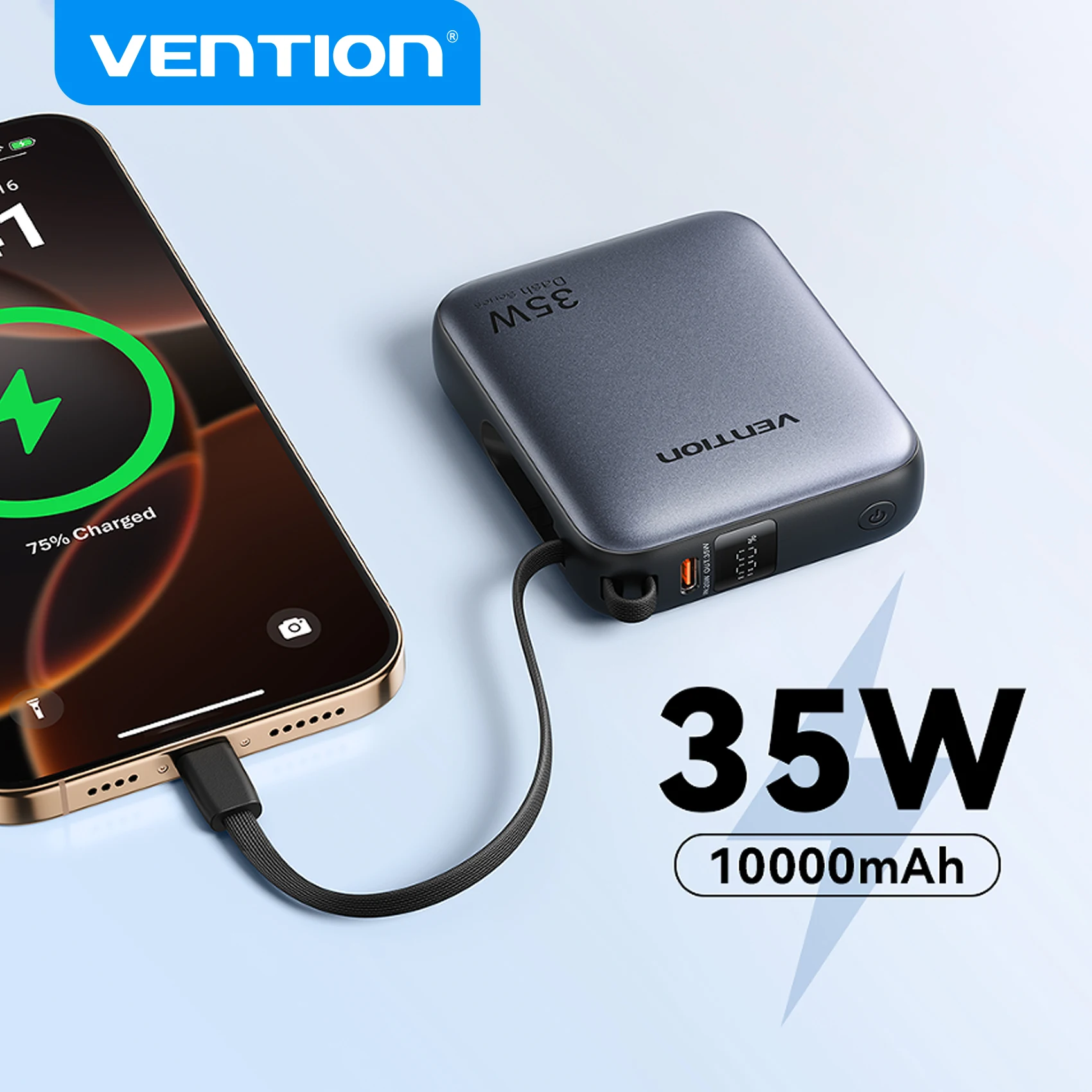 เวนชั่น 35W มินิพาวเวอร์แบงค์ PD ชาร์จเร็ว 10000mAh พาวเวอร์แบงค์พกพาสำหรับ iPhone 17 16 Pro Samsung S25 เครื่องชาร์จแบตเตอรี่ภายนอก 1