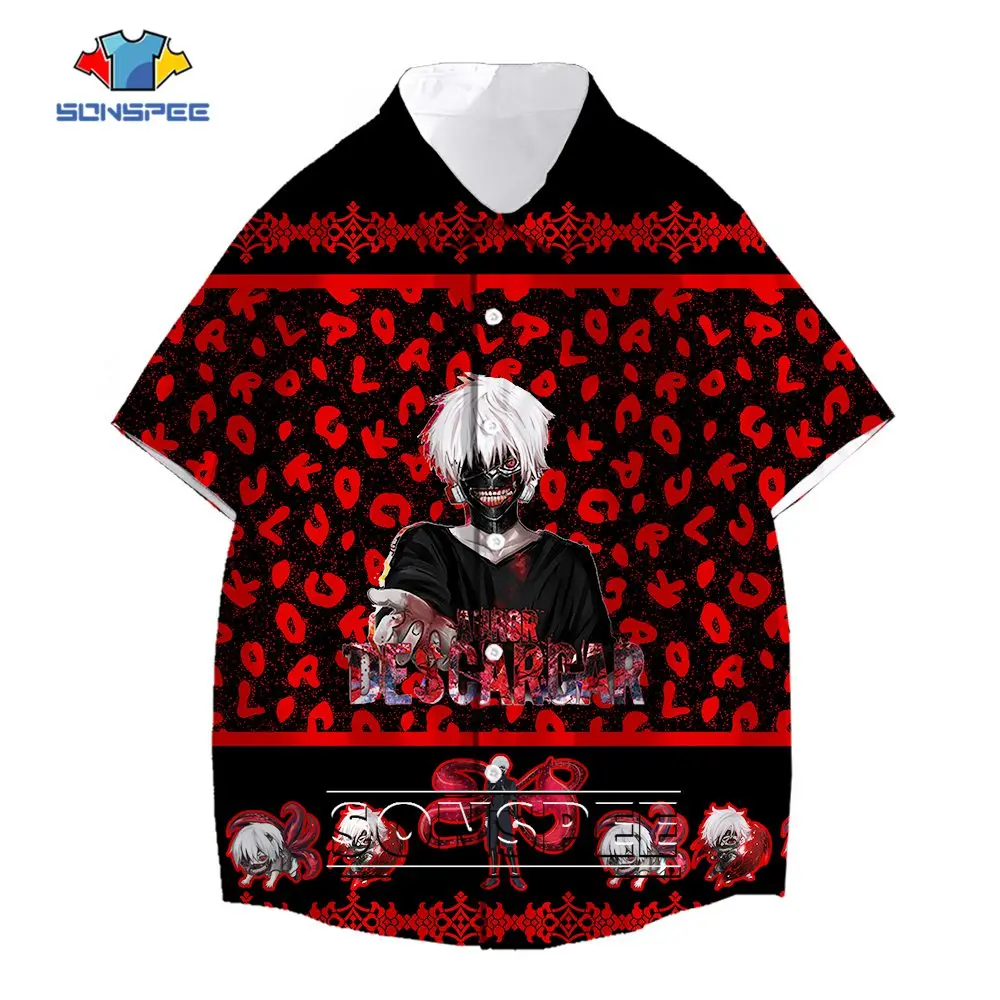 SONSPEE 3D Printing Japanese Anime Tokyo Ghoul Botton Shirt Men Women's Kaneki Ken Clothing Cartoon Harajuku Short Sleeve Tops